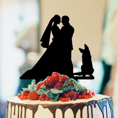 Bride And Groom Silhouette Wedding Cake Topper With Dog Black Acrylic Custom Cake Topper With Rottweiler And Labrador Retriever Engagement Cake Toppers Decorations Personalized Mr & Mrs Cake Topper