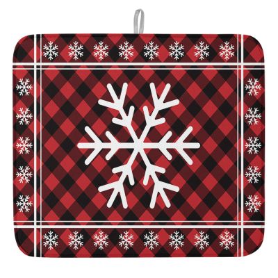 Kitchen Dish Drying Mat 18x24inch, Winter Christmas Snowflake Red and Black Plaid Dish Mat Absorbent Microfiber Dish Drainer Mat Washable Drying Pad for Kitchen Countertop Sink