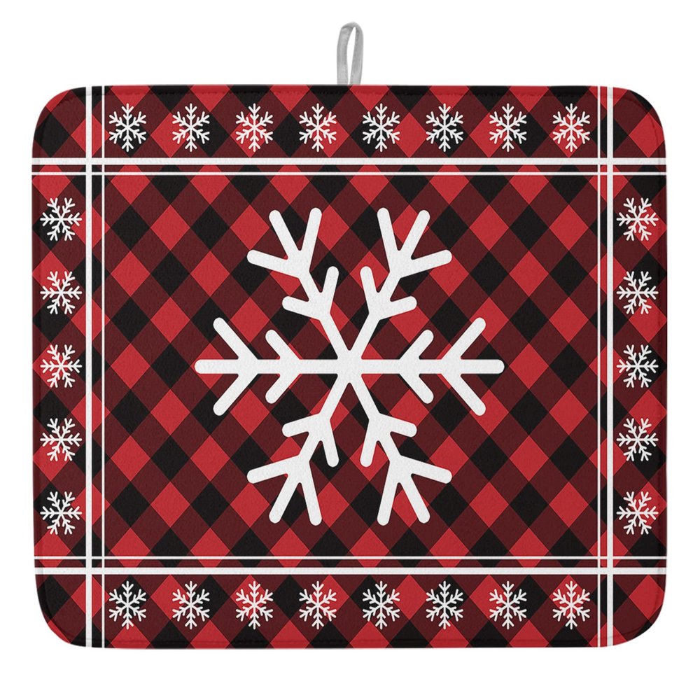 Kitchen Dish Drying Mat 18x24inch, Winter Christmas Snowflake Red and Black Plaid Dish Mat Absorbent Microfiber Dish Drainer Mat Washable Drying Pad for Kitchen Countertop Sink