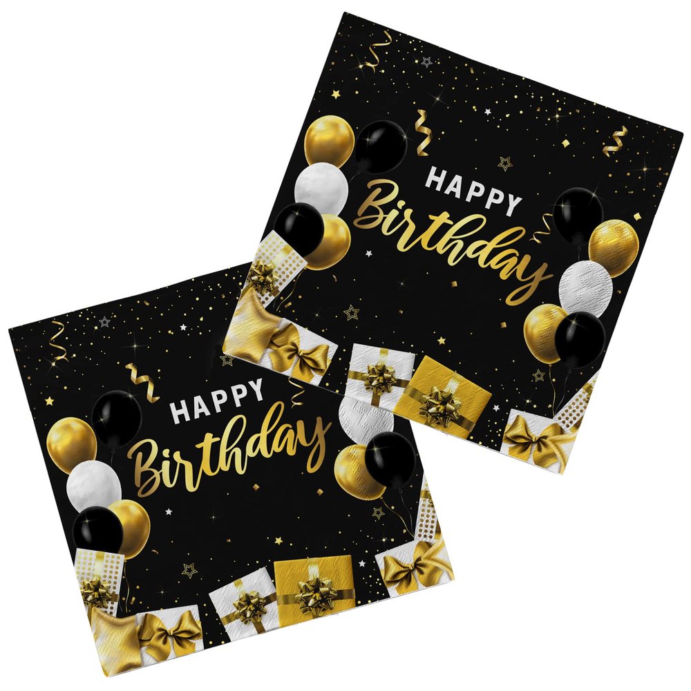 Birthday Party Supplies Napkins Disposable Paper Napkins Black and Gold for Birthday Party6.5X6.5 in, 3-Ply, 50-Pack)