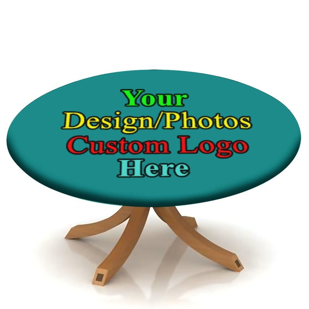 Atury Custom Fitted Tablecloth, Personalized Round Elastic Edge Polyester Table Cover with Your Logo/Picture/Text for Family Wedding Holiday Party Tablecloths Gift, Fits 32 Inch Table, Turquoise