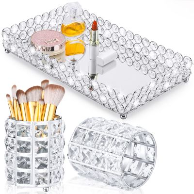 3 Pieces Perfume Tray Crystal Vanity Tray Mirrored Crystal Cosmetic Makeup Tray Set Makeup Brush Holder Bathroom Decorative Organizer Brush Cup Holder Vanity Accessories for Dresser, Silver (Square)