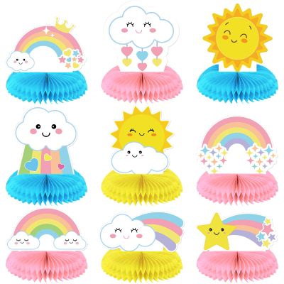 Ireer 9 Pieces Rainbow Party Decorations Honeycomb Rainbow Table Centerpieces Cute 3D Clouds Decorations for Birthday or Themed Party Favor Supplies