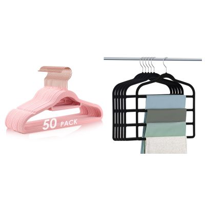 50pcs Pink Velvet Hangers + 6pcs Black Pants Clothes Hangers