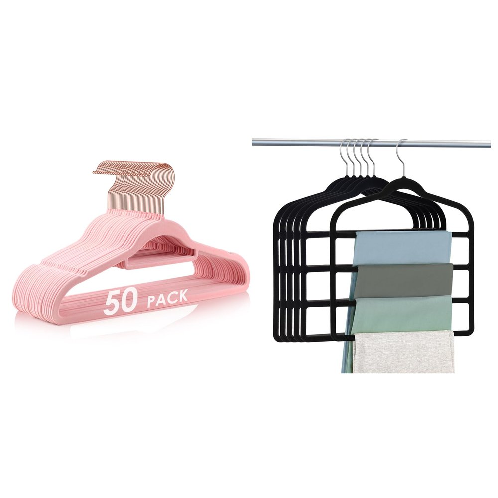 50pcs Pink Velvet Hangers + 6pcs Black Pants Clothes Hangers