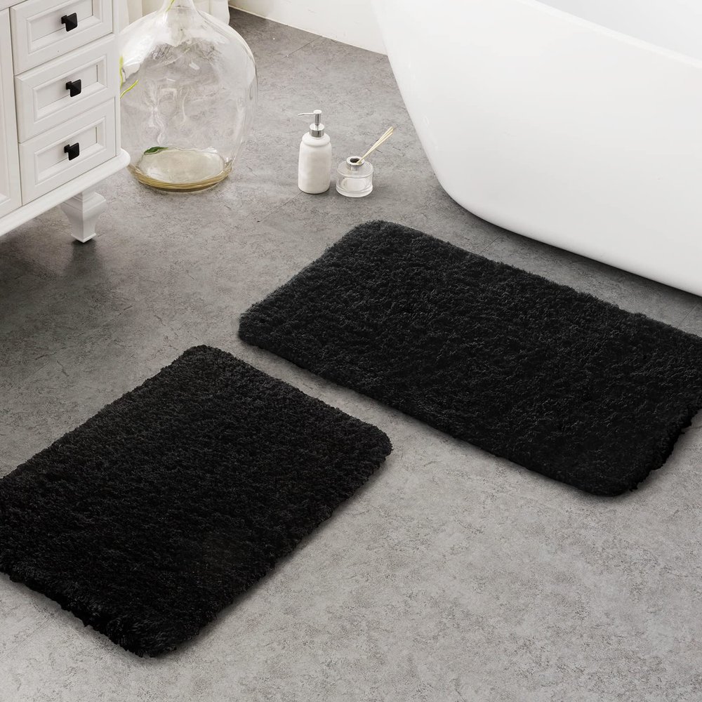 Ashler Bathroom Rugs Set of 2, Black Bath Rugs 2 Piece, Water Absorbing Bath Mat, Soft Microfiber Rectangle Bathroom Carpet, Machine Washable - 17x24 & 20x32 Inches