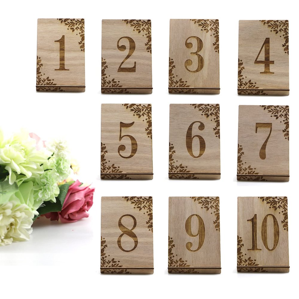 MISNODE 10 Pack Wooden Table Numbers, 1-10 Wedding Table Number Signs with Base, Self Stand Wood Centerpieces Table Signs for Wedding Reception Party Restaurant Table Decorations