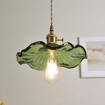 Brass Nordic Small Chandelier, Green Japanese-Style Minimalist Niche Glass Pendent, Single Head Literary Hanging Lights, Aisle Balcony Droplight,for Bedroom, Living Room, Nightstand, Office