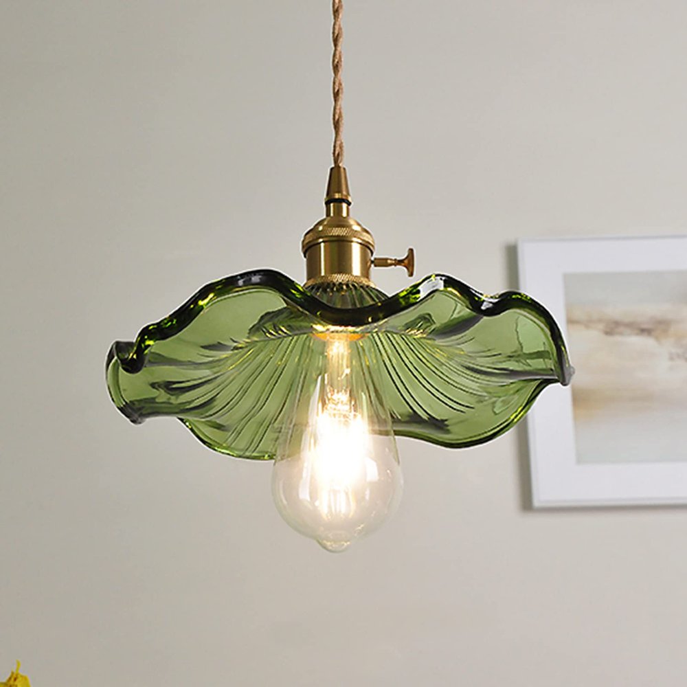 Brass Nordic Small Chandelier, Green Japanese-Style Minimalist Niche Glass Pendent, Single Head Literary Hanging Lights, Aisle Balcony Droplight,for Bedroom, Living Room, Nightstand, Office