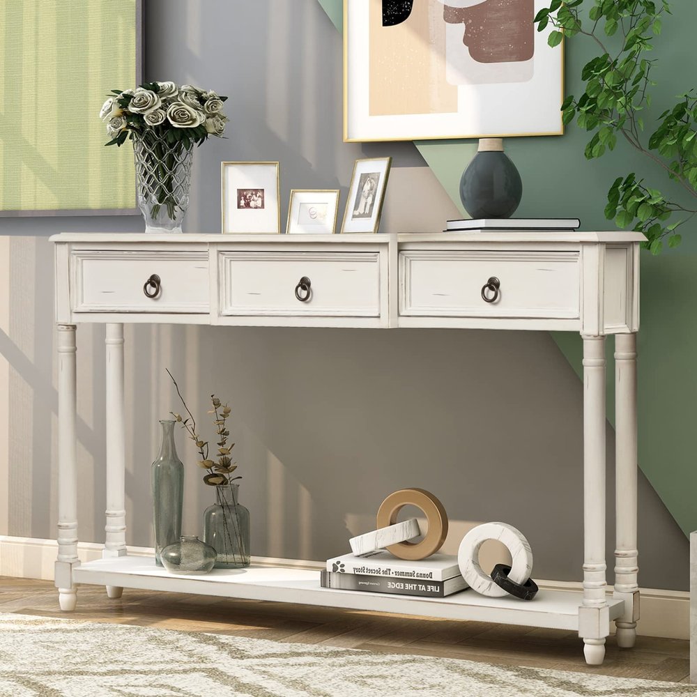 3-Drawer Console Table, Sofa Table, Industrial Wood Accent Hallway Table with Storage Shelf, Narrow Entry Table for Entryway/Hallway Living Room
