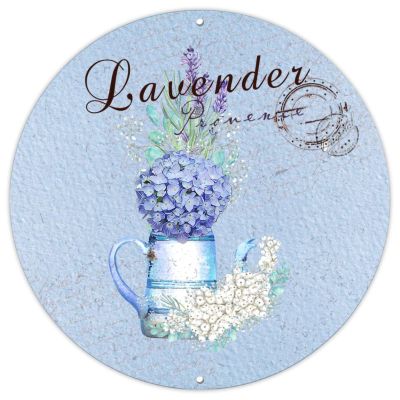 Romantic Lavender Round Metal Wreath Sign Blue Hydrangea in Kettle Watercolor Postal Card Wreath Sign Housewarming Gift 12inch Farmhouse Style Wall Art Sign for Kitchen,Bar,Cafe,Garage,Yard,Garden