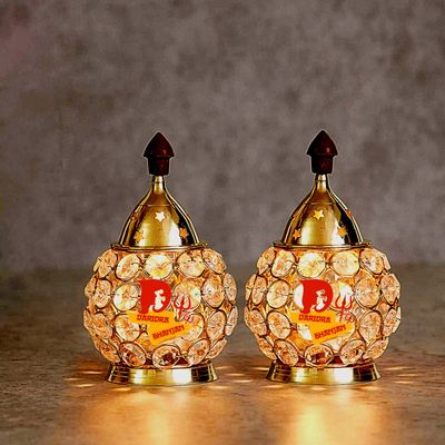 DARIDRA BHANJAN Set of 2 Brass Akhand Diya, Diamond Crystal Deepak/Dia, Akhand Jyot, Decorative Crystal Oil Lamp,Tea Light Holder Lantern, Brass Table Diya for Pooja Temple Decoration 4.5 inch