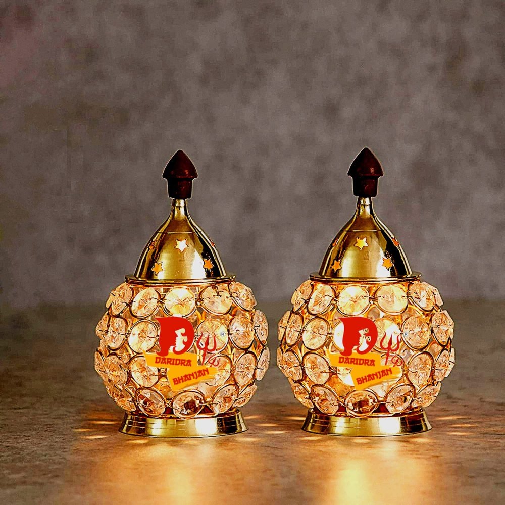 DARIDRA BHANJAN Set of 2 Brass Akhand Diya, Diamond Crystal Deepak/Dia, Akhand Jyot, Decorative Crystal Oil Lamp,Tea Light Holder Lantern, Brass Table Diya for Pooja Temple Decoration 4.5 inch