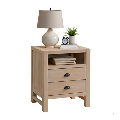 Arden Rustic Wood Nightstand with Open Shelf and 2 Drawers 25-Inch-Tall Solid Pine Bedside Table with Oil-Rubbed Bronze Pulls Farmhouse Bedroom or Guest Room Storage by Alaterre Furniture