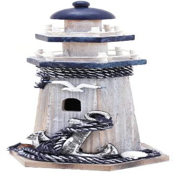 Linfevisi Nautical Decoration Handmade Wooden Lighthouse with Anchor&Seabird Marine Ornament Wooden Lighthouse 10.25" High Tabletop Decor