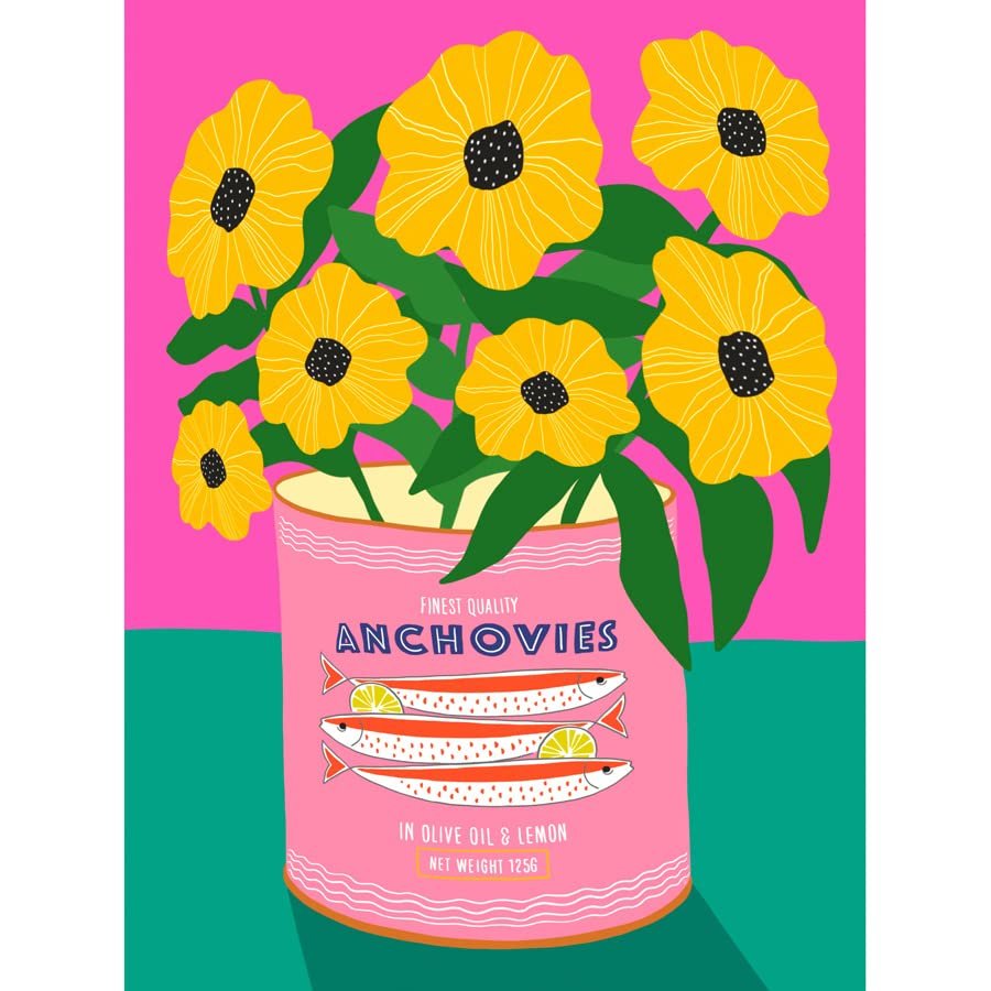 Wee Blue Coo Anchovies and Flowers Bright Floral Art Print Canvas Premium Wall Decor Poster Mural