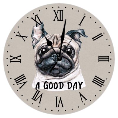 A Good Day Pug Hanging Wall Clock Pug Lover Gift Round Clocks Non Ticking Operated Clocks For Wall Pet Animal Dog 12Inch Clock Nursery Decor For Laundry Room Bedroom Birthday Housewarming Gift