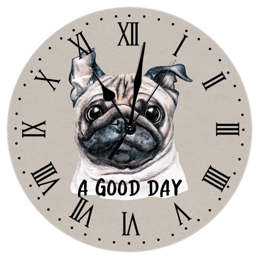 A Good Day Pug Hanging Wall Clock Pug Lover Gift Round Clocks Non Ticking Operated Clocks For Wall Pet Animal Dog 12Inch Clock Nursery Decor For Laundry Room Bedroom Birthday Housewarming Gift