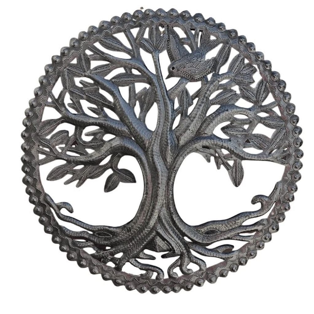 Artisanal Garden Plaques Crafted from Recycled Barrels, Tree of Life, Wall Hanging Plaque, Handmade in Haiti, 11.5 Inches Round