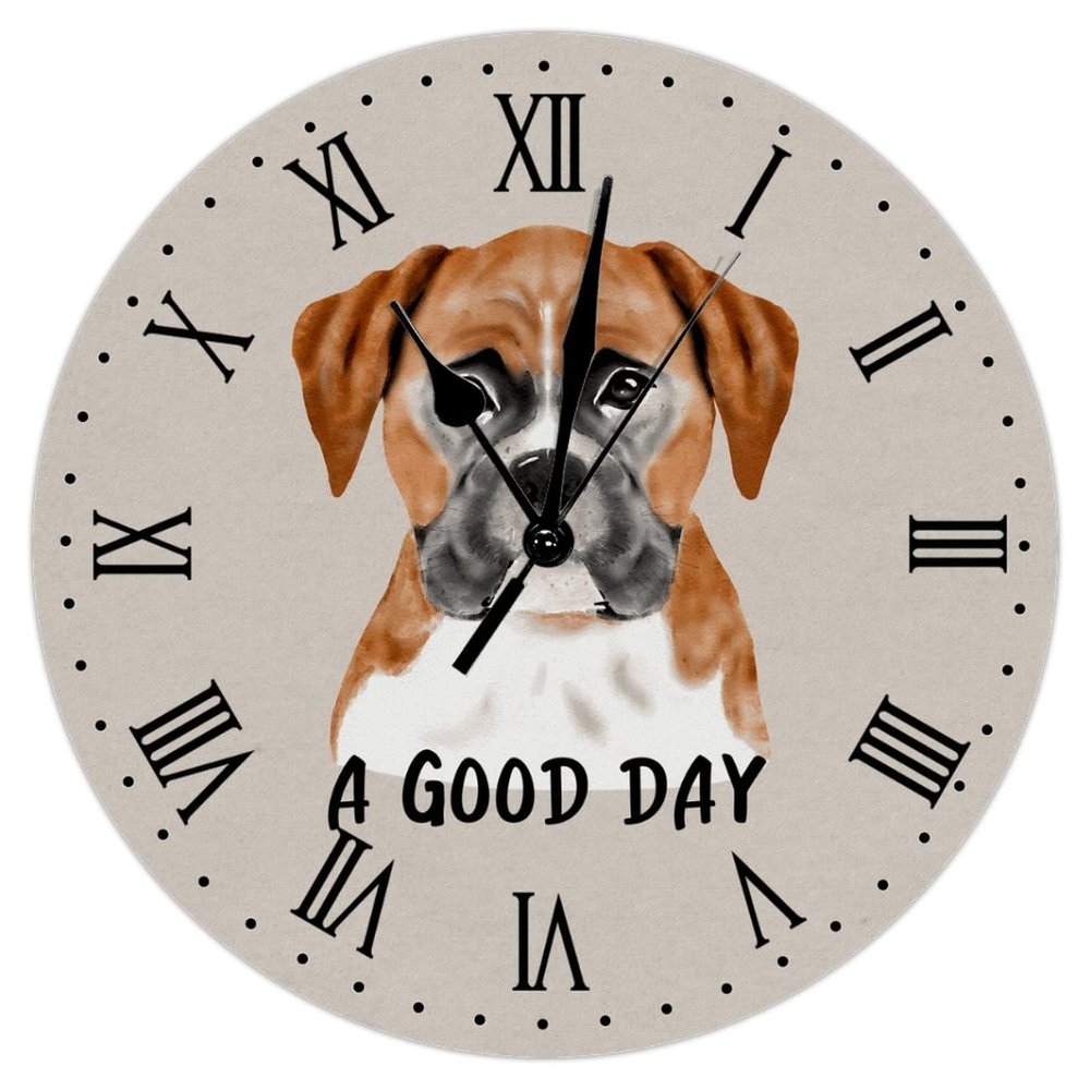 A Good Day Dog Puppy Decorative Wall Clock Dog Puppy Lover Gift Round Clocks Non Ticking Operated Wooden Decorative Wall Clocks Pet Animal Dog 12Inch Clock Nursery Decor For Dinning Living Room
