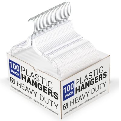 17 inch Heavy Duty Plastic Hangers 100 Pack, Clear Hangers for Clothes, Plastic Clothes, Includes Swivel Hooks & Notched Shoulders, Shirt, Wide Shoulder