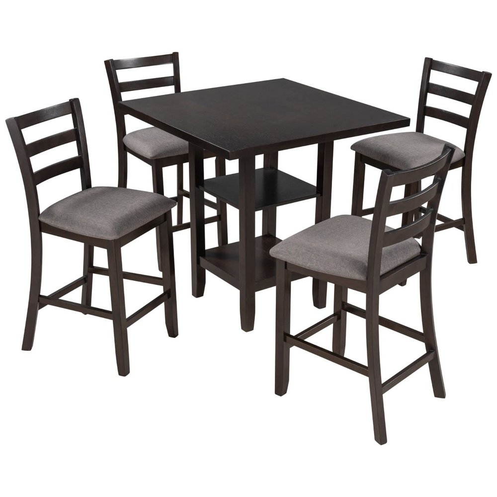 FRITHJILL 4-Person Counter Height Dining Set,5 Piece Wooden Dining Table Set with 1 Square Table and 4 Padded Bar Stools