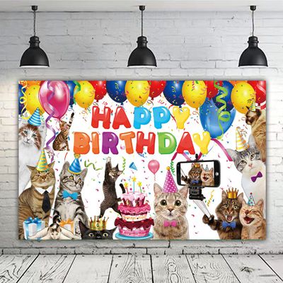 6 X 3.6ft Cat Happy Birthday Backdrop Sign Banner - Kitties Party Supplies Decoration - Pet Paw Theme Backdrop for Children Kids Themed Party