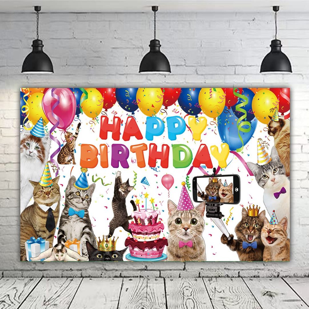 6 X 3.6ft Cat Happy Birthday Backdrop Sign Banner - Kitties Party Supplies Decoration - Pet Paw Theme Backdrop for Children Kids Themed Party