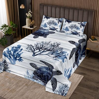 Erosebridal Sea Turtle Bedding Set Nautical Coastal Bedspread Set,Reptile Tortoise Ocean Beach Theme Quilt King Sealife Animal Coverlet Set,Vintage Wooden Bedroom Decor 3Pcs Soft