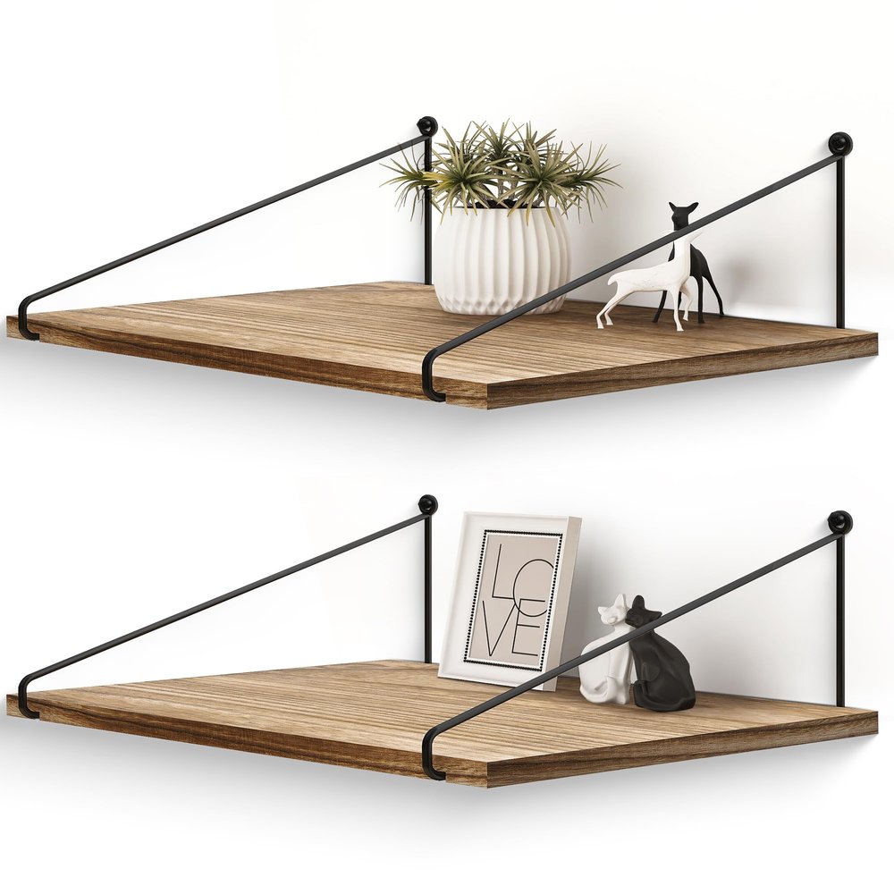 Afuly 12 Inch Deep Floating Shelves for Wall, Rustic Farmhouse Wall Mounted Hanging Shelf Large Wood Organizers Bookshelf, Set of 2