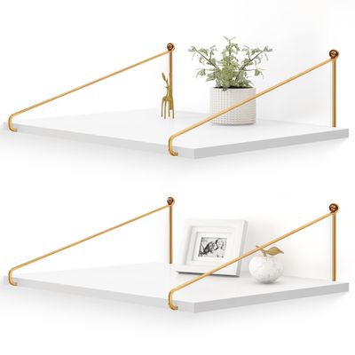 Afuly 12 Inch Deep Floating Shelves for Wall, Gold White Wall Mounted Shelves, Hanging Storage Shelves for Bathroom Kitchen Bedroom, Solid Wood Chic Bookshelves, Set of 2