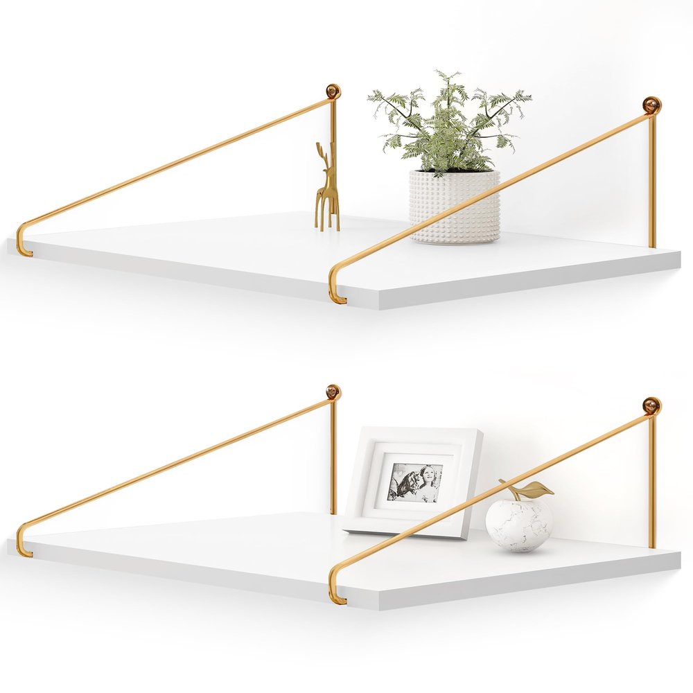 Afuly 12 Inch Deep Floating Shelves for Wall, Gold White Wall Mounted Shelves, Hanging Storage Shelves for Bathroom Kitchen Bedroom, Solid Wood Chic Bookshelves, Set of 2