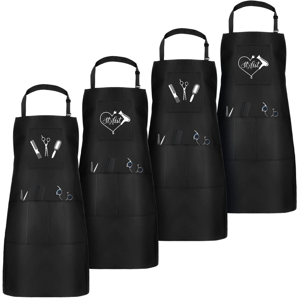 Janmercy 4 Pcs Hair Stylist Apron with 4 Pockets Waterproof Salon Aprons for Hairdresser Cosmetologist Apron(Black)