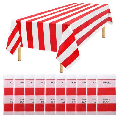 10 Packs Red Striped Rectangular Tablecloth Plastic Waterproof Tablecloths 54" x 108" Disposable Carnival Circus Classic Red and White Table Covers,for Birthday,Picnic Party,Outdoor Table Decorations