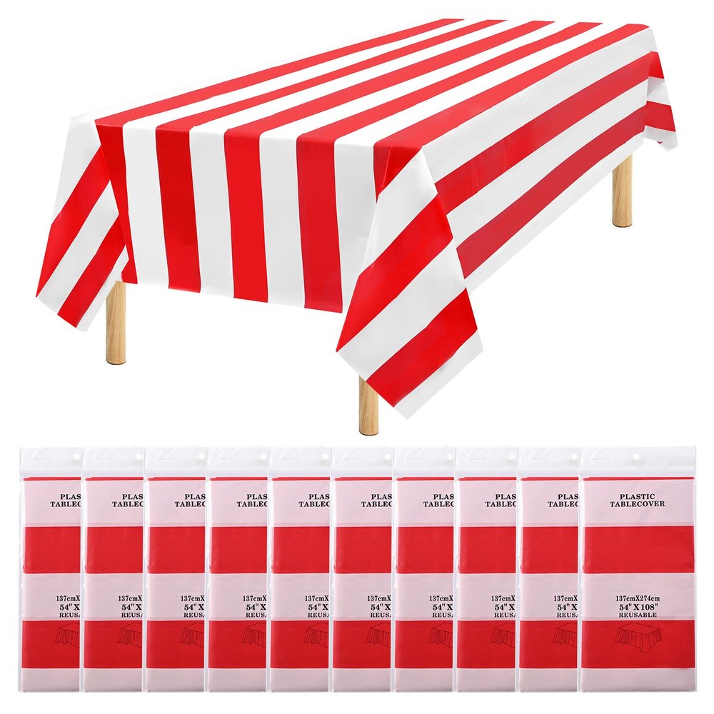 10 Packs Red Striped Rectangular Tablecloth Plastic Waterproof Tablecloths 54" x 108" Disposable Carnival Circus Classic Red and White Table Covers,for Birthday,Picnic Party,Outdoor Table Decorations