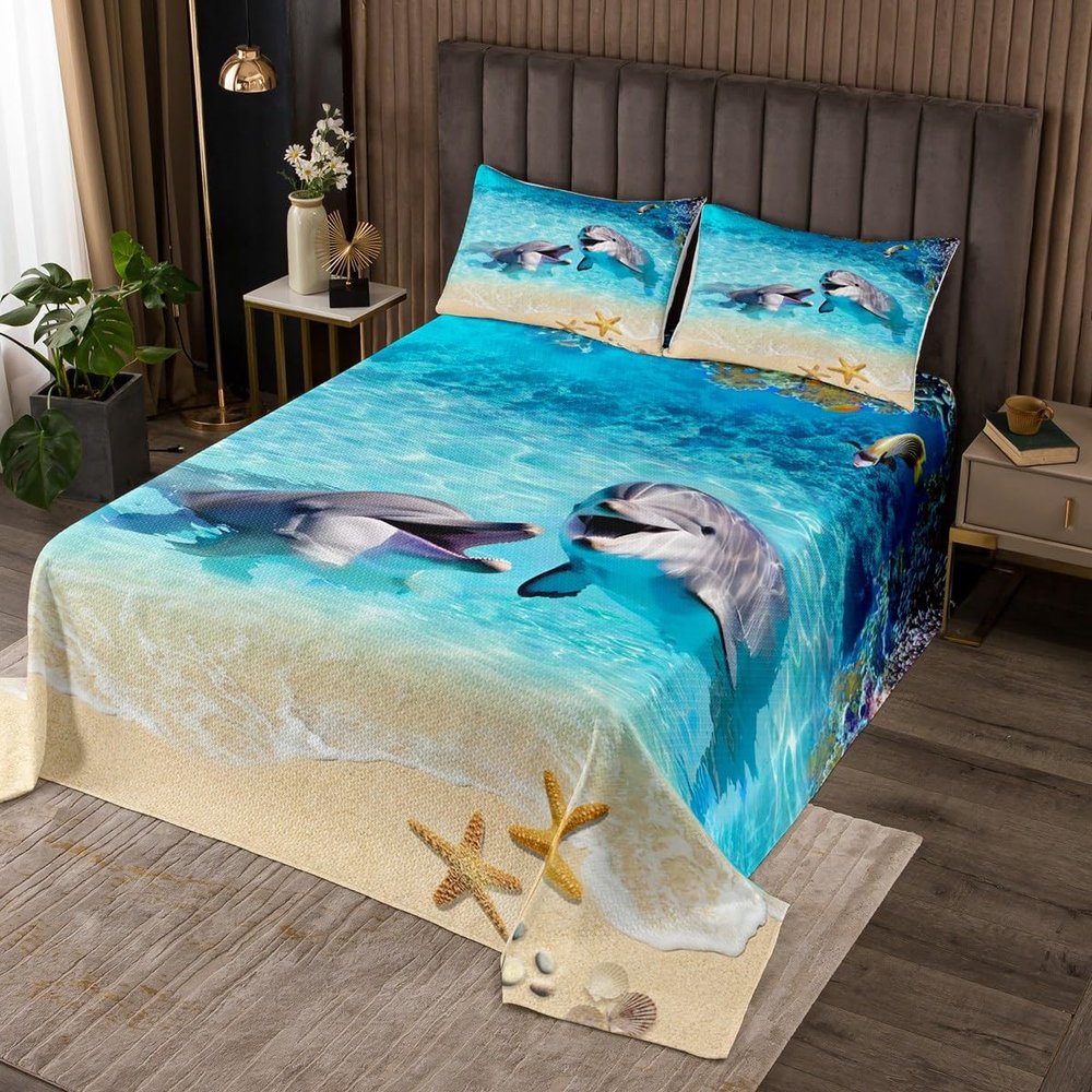 Homewish Cute Dolphin Bedspread Queen,Starfish Coral Marine Life Coverlet Set 3pcs for Kids Teens Adults Room Decor,Hawaii Beach Quilted Coverlet Blue Romantic Bedding Quilt with 2 Pillowcases