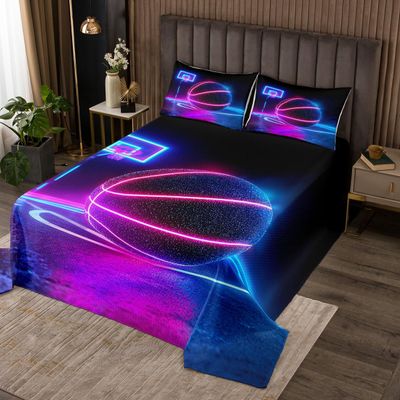 Basketball Glitter Bedspread Queen,Basketball Court Geometric Coverlet Set 3pcs for Kids Teens Adults Room Decor,Sports Games Quilted Coverlet Neon Purple Gradient Bedding Quilt with 2 Pillowcases