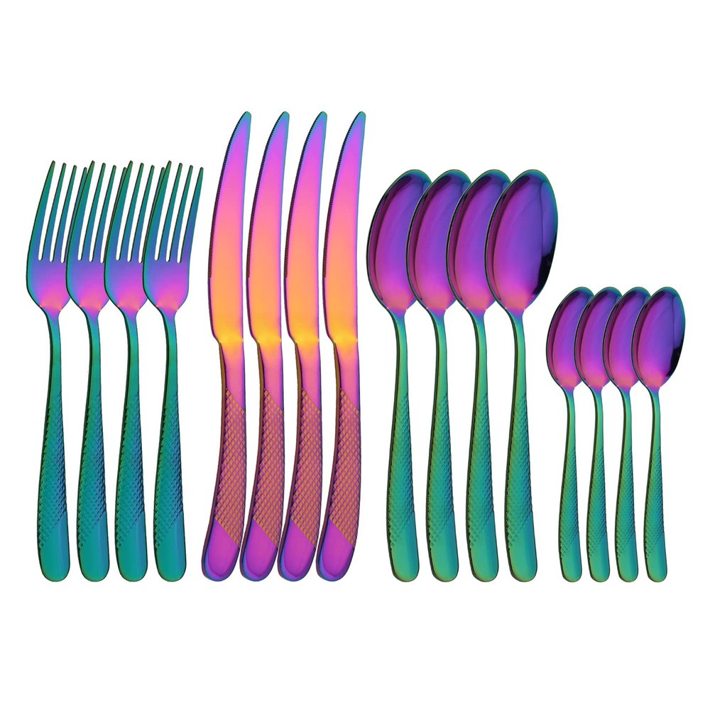 16-Piece Flatware Silverware Set, Uniturcky Rainbow 18/0 Stainless Steel Cutlery Sets, Multipurpose Use for Home, Kitchen, Restaurant, Hotel Tableware Utensil Service for 4, Mirror Polished