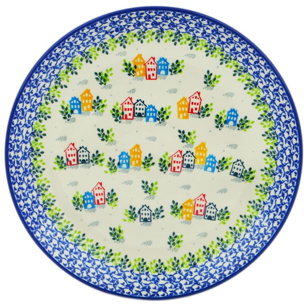 Polmedia Polish Pottery Dinner Plate UNIKAT - Sweet Little Village Pattern Handmade in Boleslawiec Poland by Ceramika Artystyczna + Certificate of Authenticity