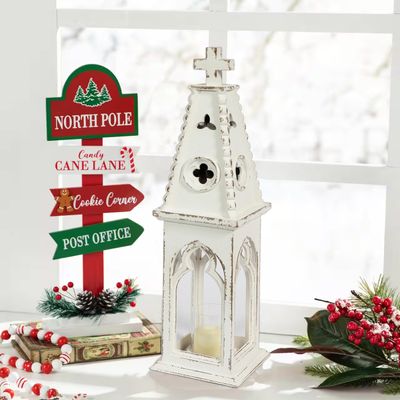 32" Extra Tall Lanterns Candle Holder, Vintage Church Decorative Candle Lantern, Cross Steeple Distressed White Rustic Wooden Candle Lanterns Decorative Christmas for Garden Indoor Outdoor Wedding