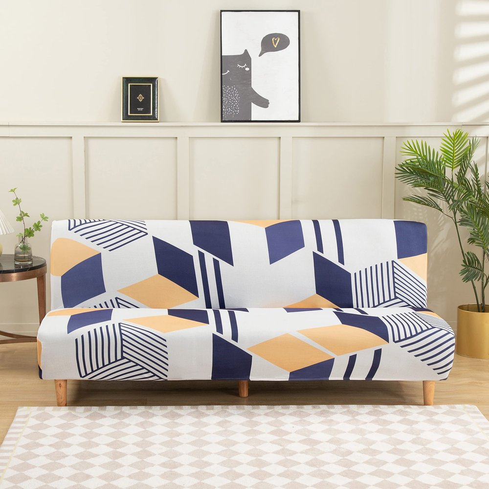 LiveGo Armless Futon Slipcovers Stretch Folding Sofa Bed Cover with Elastic Bottom, Printed Fitted Couch Cover Furniture Protector for Pets, Kids