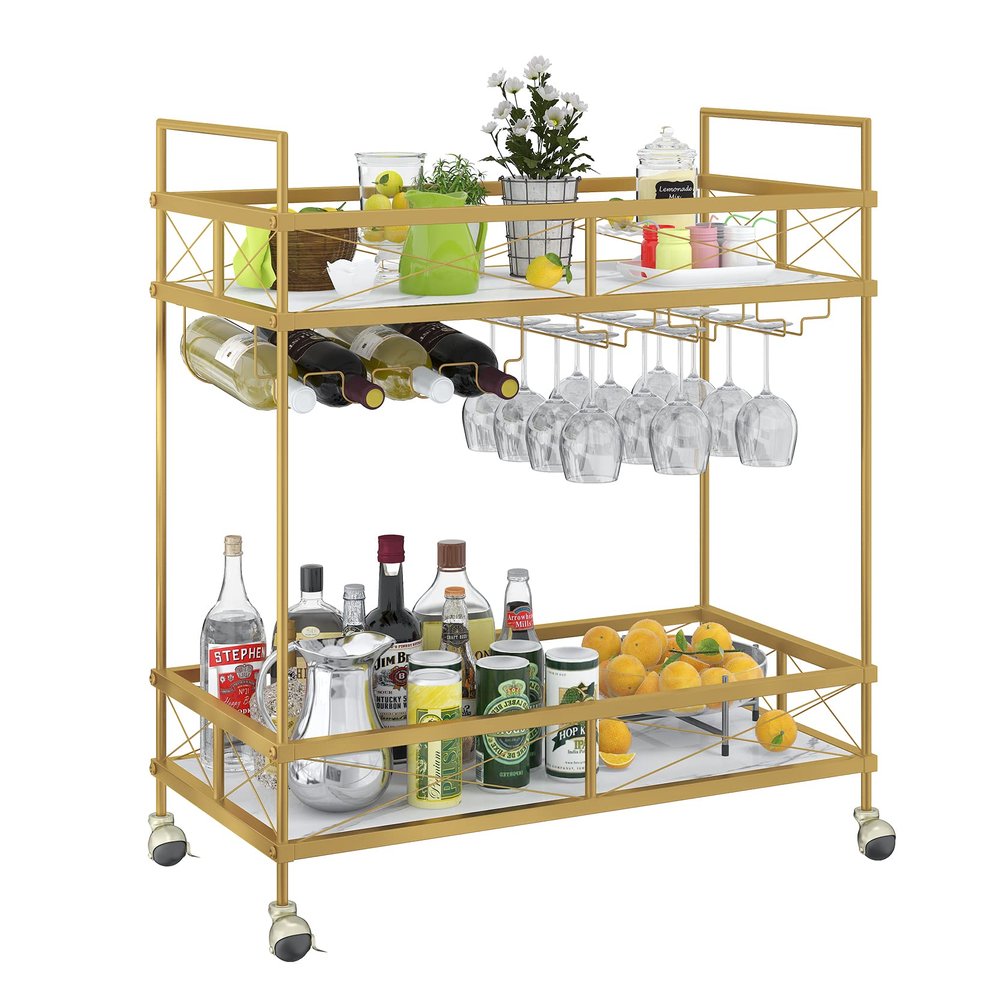 ASYA The Home Bar Serving Cart Gold with Marble Shelves & Wine Rack, Modern Mini Bar Cart on Wheels for Dining Room, Living Room and Home Bar