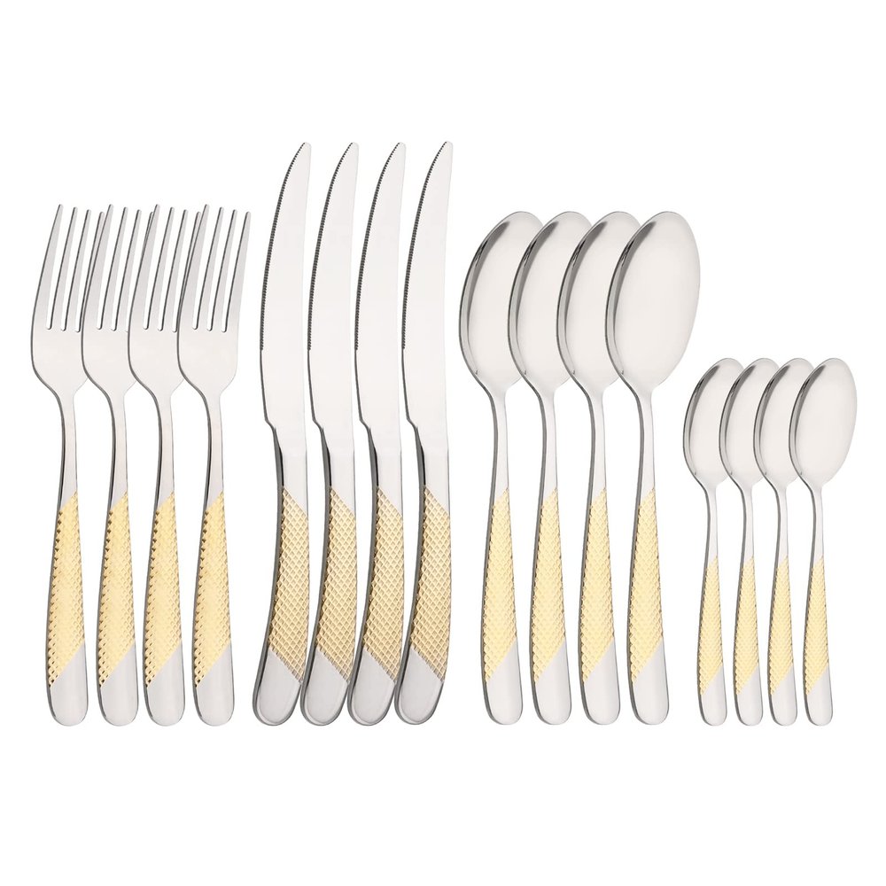 16-Piece Flatware Silverware Set, Uniturcky Silver 18/0 Stainless Steel Cutlery Sets with Gold Handle, Multipurpose Use for Home, Kitchen, Restaurant, Hotel Tableware Utensil Service for 4