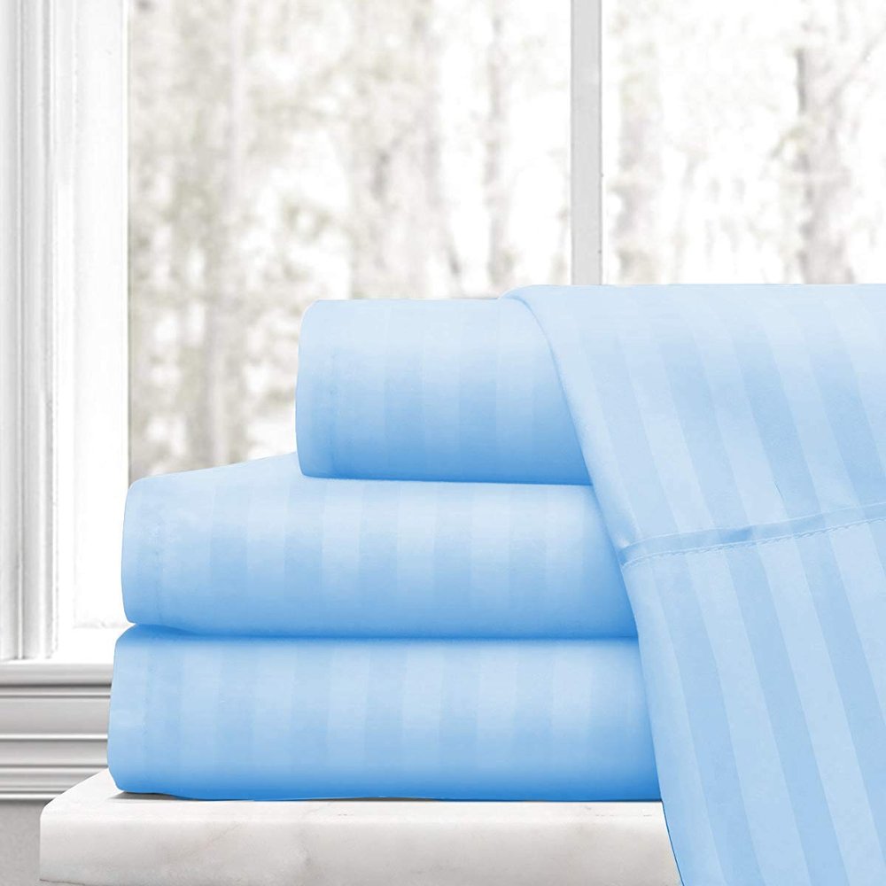 100% Long Staple Cotton Top Split Head Cal-King Sheet-Light Blue Stripe-800 TC Top Split Bedsheet, Top Split Cal-King Sheets Sets for Adjustable Beds, Top Split Fitted Sheet Upto 12'' Deep Pockets