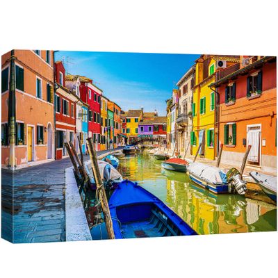 wall26 Canvas Print Wall Art Colorful Burano Canal Scene Vibrant Venice Architecture and Boats Photography Realism Bohemian Scenic Relax/Calm Cool for Living Room, Bedroom, Office - 24"x36"