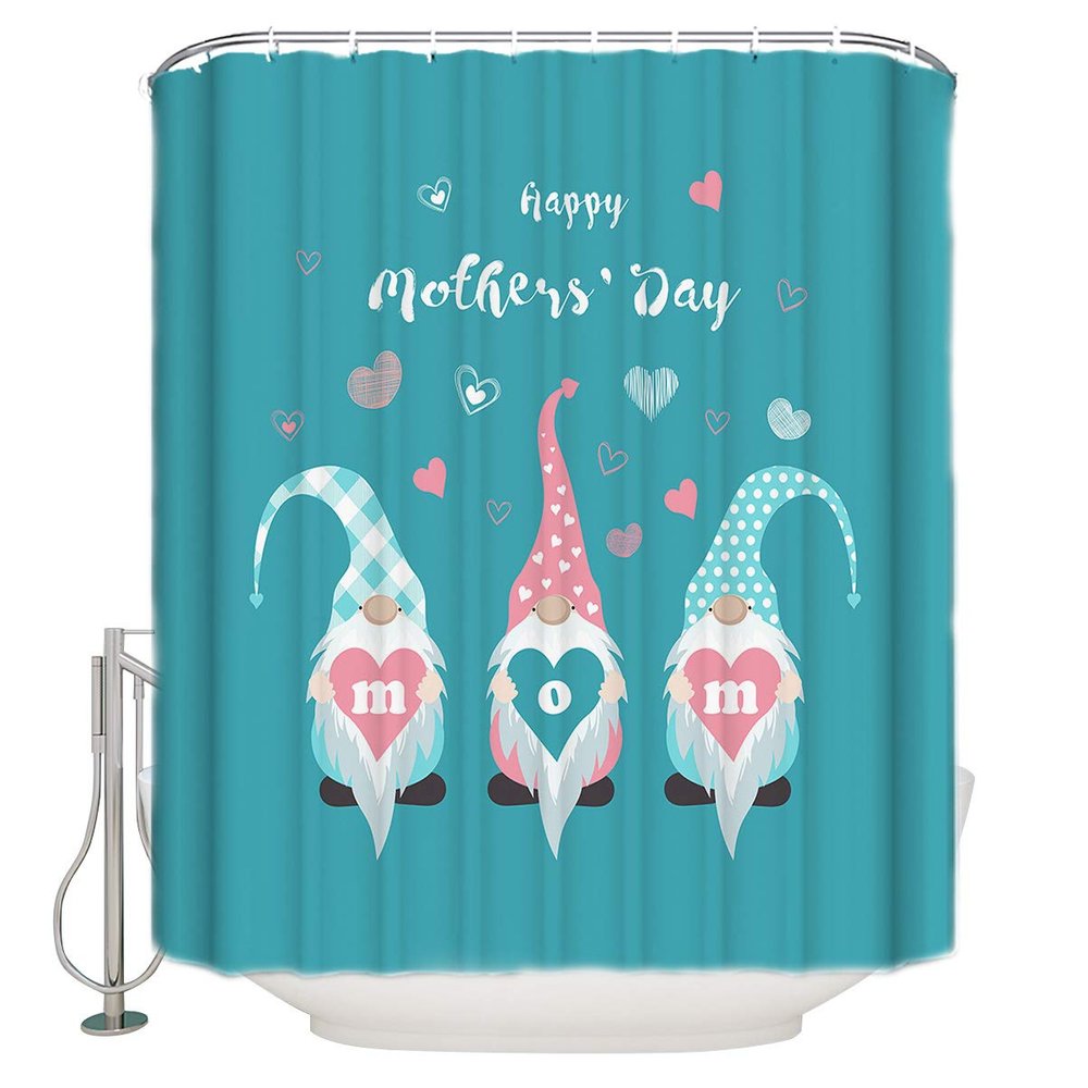 ALAGEO Mother's Day Gnomes Shower Curtain Love Heart Turquoise Shower Curtains for Bathroom Curtain Sets with Hooks Waterproof Fabric Bath Curtain Extra Long 72" x 78"