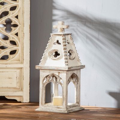 28" Tall Wooden Lantern Decorative Rustic, Vintage Church Decorative Candle Lantern, Distressed White Farmhouse Hurricane Candle Holder Floor Candle Holders for Garden Indoor Outdoor Wedding Home