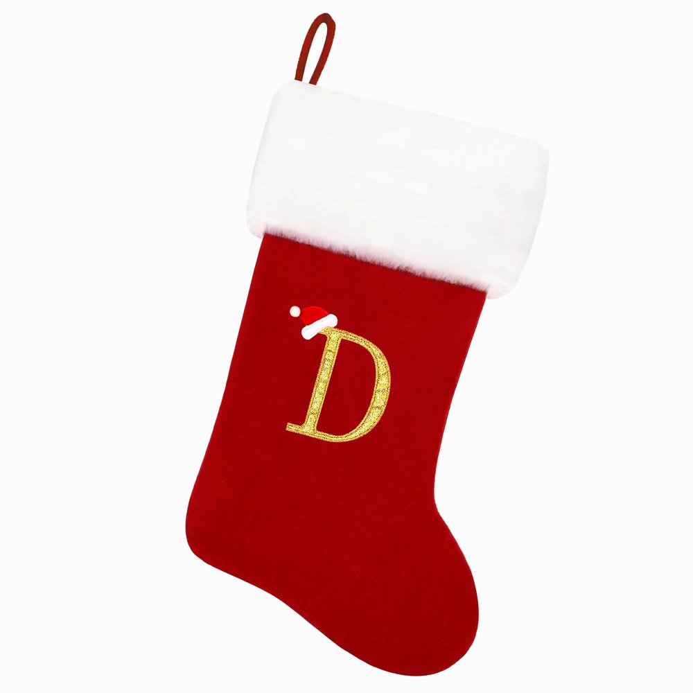 Tokforty 20 Inches Red Velvet with White Super Soft Plush Cuff Monogram Christmas Stockings, Xmas Personalized Embroidered Letter Stockings for Family Holiday Decorations and Xmas Tree FireplaceD
