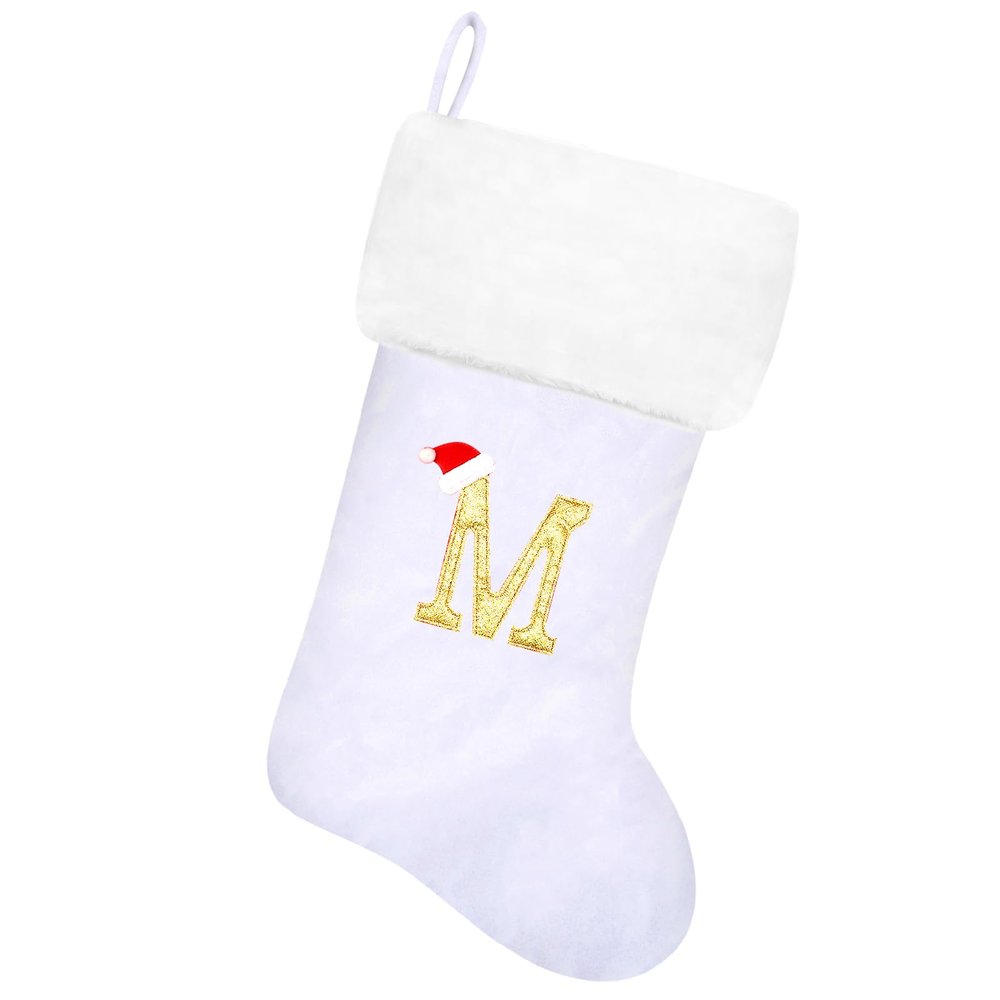 Tokforty 20 Inches White Velvet with White Super Soft Plush Cuff Monogram Christmas Stockings, Xmas Personalized Embroidered Letter Stockings for Family Holiday Decorations and Xmas Tree FireplaceM