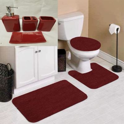 7 Piece Bathroom Plush Comfort Mat with Style Vanity Accessories (3 Piece Plush Bath Mat and 4 Piece Ceramic Accessories) Solid Color (Burgundy Red) #6